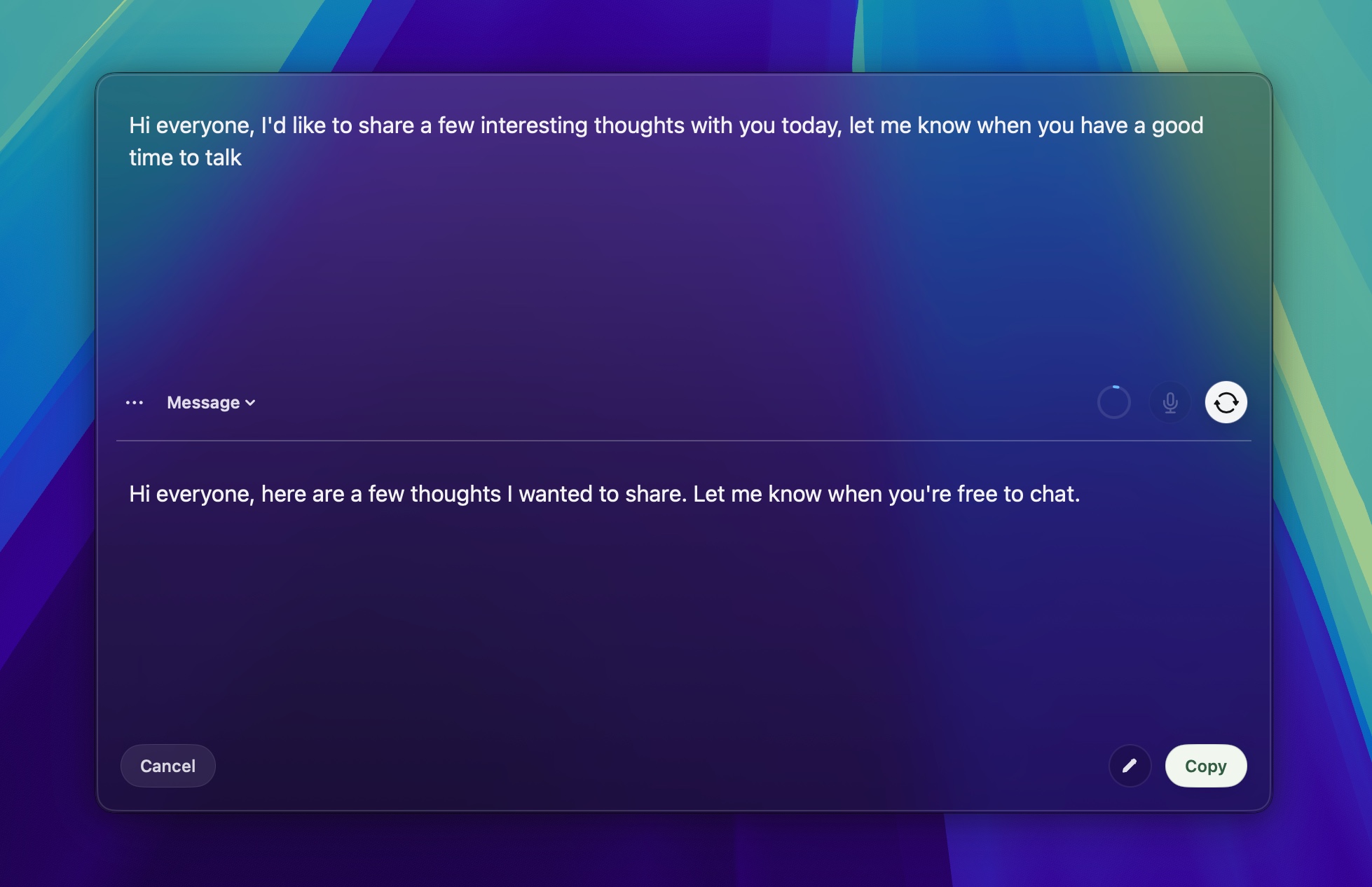 Snapdraft showing an original message and a clearer rewritten version ready to copy.